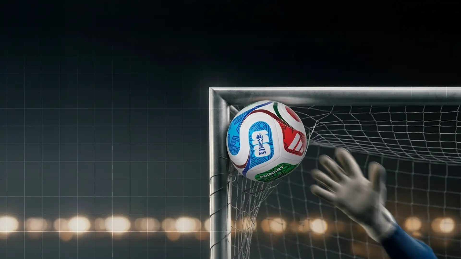 Football striking the goal net under stadium lights, ZainCo best branding agency in Kerala
